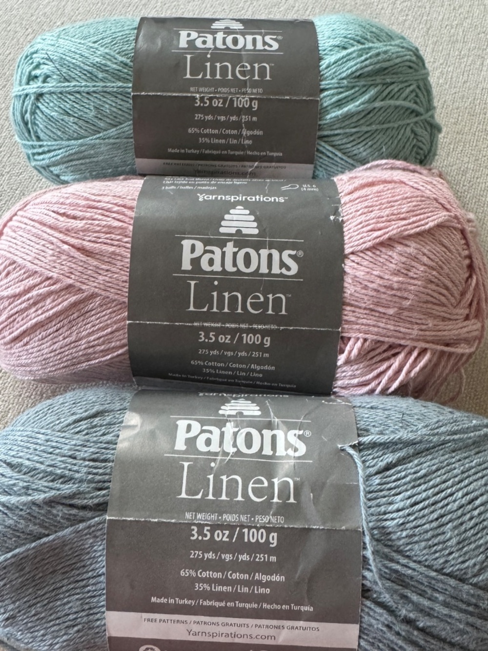 Patons Linen Yarn 3 Skiens Pastel Color 3.5 oz